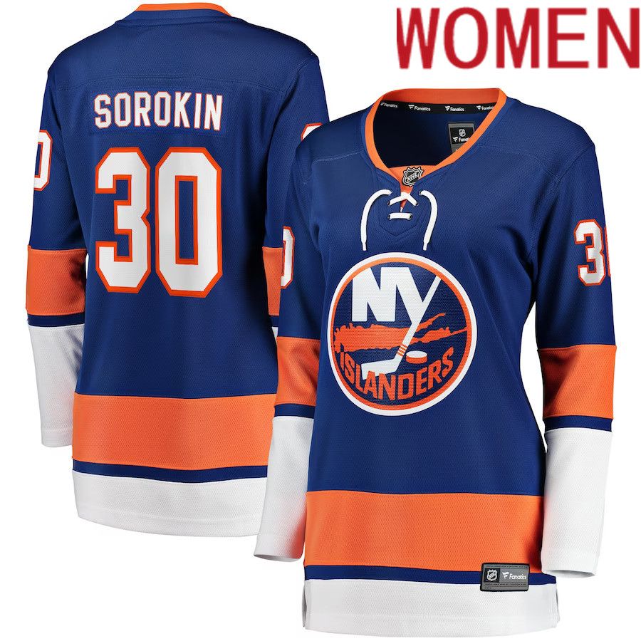 Women New York Islanders 30 Ilya Sorokin Fanatics Branded Royal Home Breakaway Player NHL Jersey
